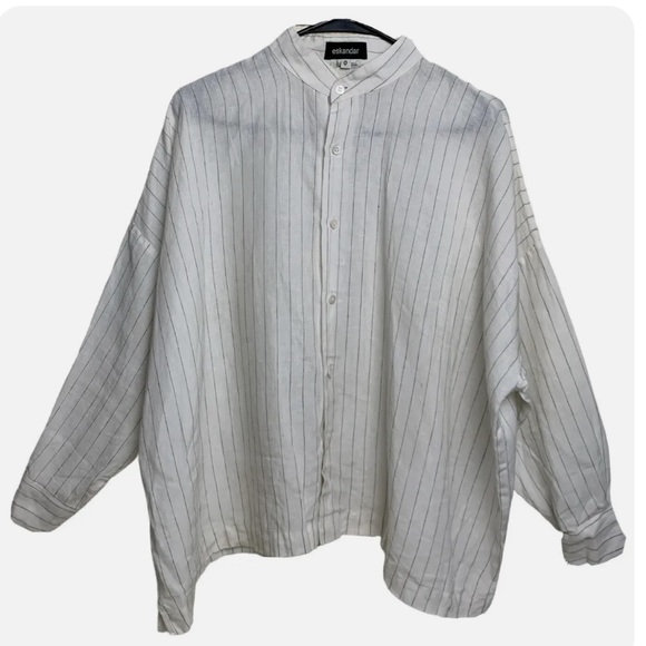Eskandar Top Women Shirt Size 0 White Pinstripe Linen Tunic Button Up Vintage - Picture 10 of 11